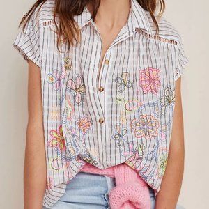 Anthropologie Pilcro serena surf henley blouse floral embroidered collared XS